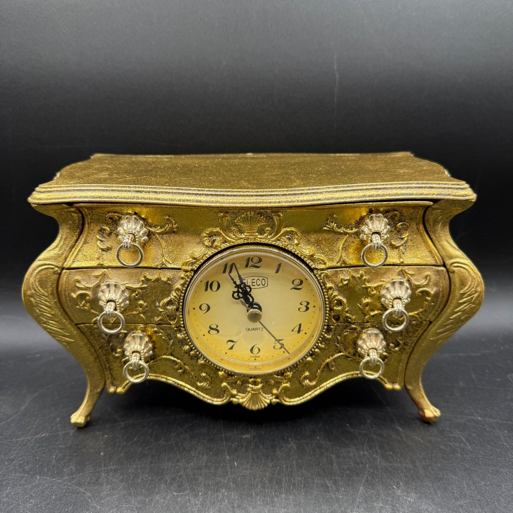 Vintage Eleco Jewelry Box Clock Gold Tone Ornate Unisex OS Baroque Rococo Boho